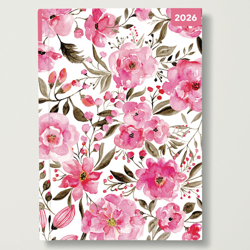 2026 Diary Romantic Flowers A5 Week to View Padded, Red Robin RR265094