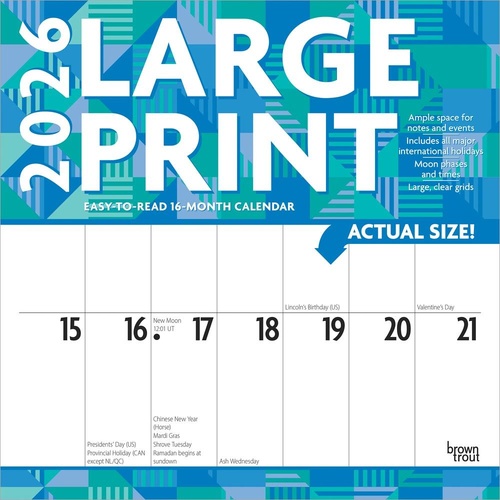 2026 Calendar Large Print 16-Month Square Wall, BrownTrout BT04330